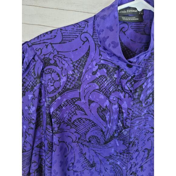 Louis Feraud Art Deco High Collar Lux Satin Button Down Blouse, sz 4 - Picture 12 of 16